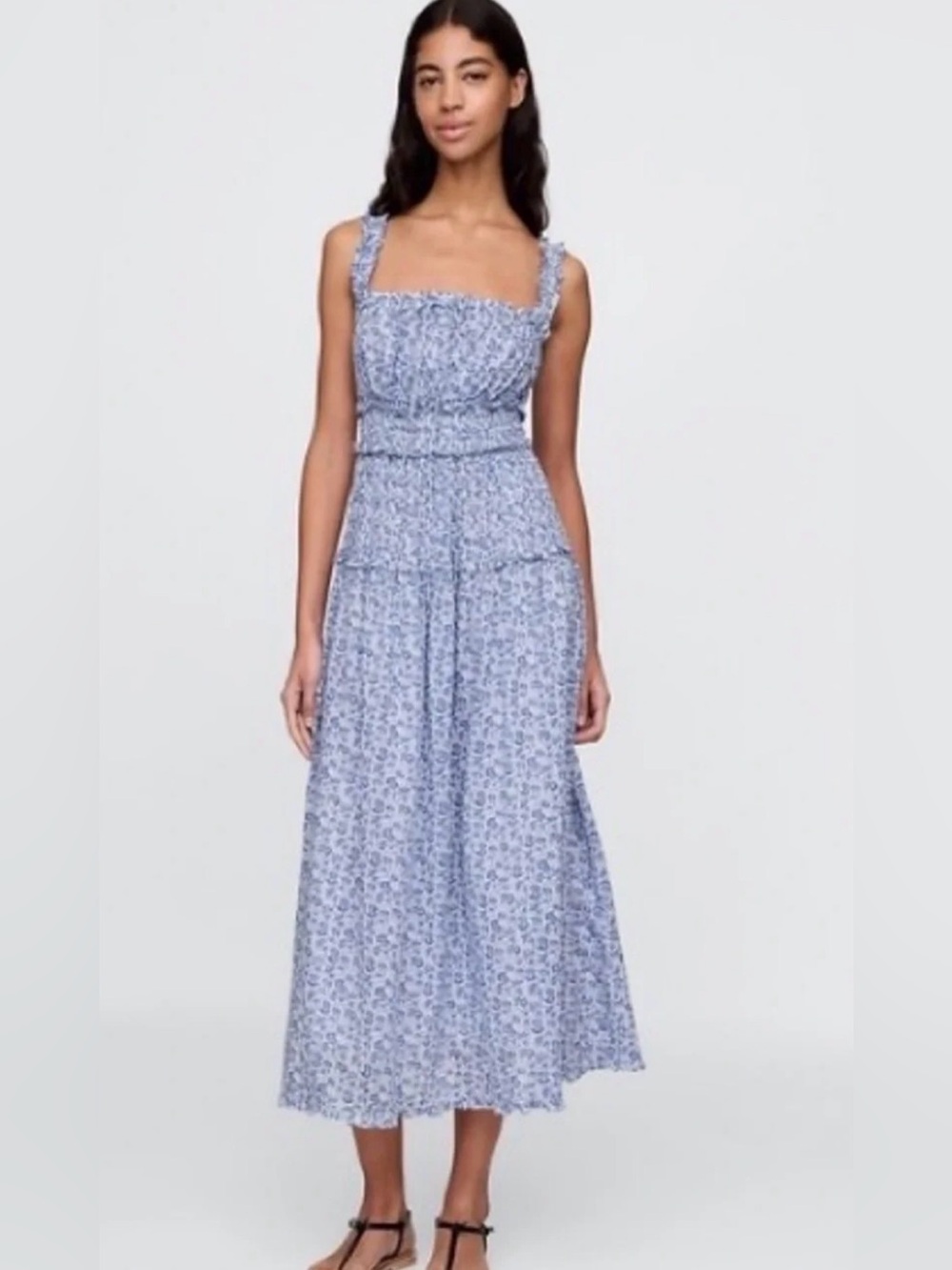 GAP x DÔEN Blue Floral Smocked Cotton Midi Dress NWT Medium